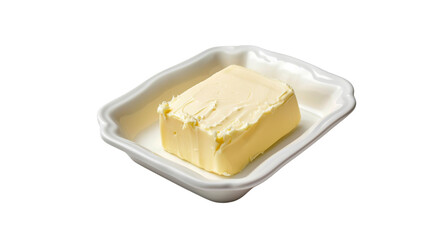 A block of butter sits in a white ceramic dish_Transparent background PNG