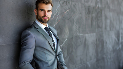 Smart and stylish businessman in a grey suit, displaying confidence and a photogenic face