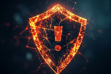 Fototapeta premium A warning icon with a bold exclamation mark, on a cracked shield, symbolizing a detected vulnerability in a secure system