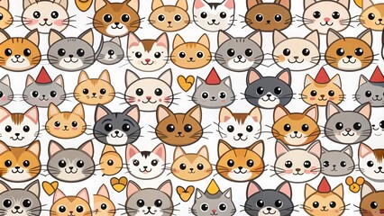 Fototapeta premium Cute cat faces seamless pattern featuring various adorable feline expressions, cats, animals, background, wallpaper, seamless, pattern