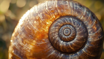 Close-up of a brown snail shell in sunlight.