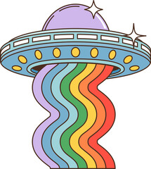 Cartoon groovy space UFO or alien saucer with rainbow, vector 70s retro hippie art. Groovy alien UFO spaceship with psychedelic rainbow flow and stars in galaxy space for funky disco or rave music © Vector Tradition