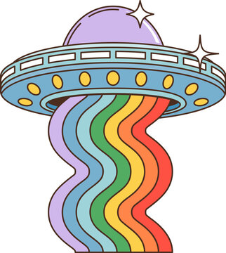 Cartoon groovy space UFO or alien saucer with rainbow, vector 70s retro hippie art. Groovy alien UFO spaceship with psychedelic rainbow flow and stars in galaxy space for funky disco or rave music