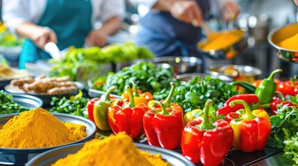Vibrant scene of fresh vegetables and spices being prepared in a professional kitchen for culinary creations.