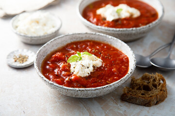 Refreshing strawberry gazpacho with cheese