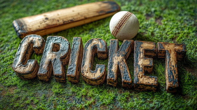"CRICKET" written on a grassy cricket pitch with a bat, ball, and stumps in the background.