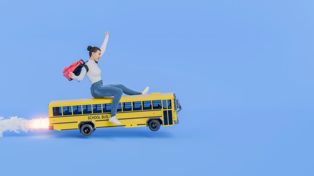 Happy student girl riding a flying school bus with rocket