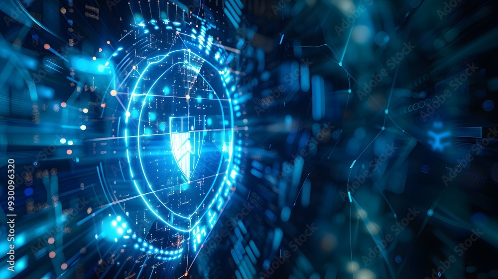 Poster a visual metaphor for quantum cryptography, showcasing a digital shield or barrier created by quantu