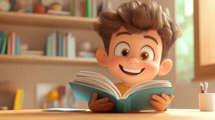Cheerful 3D cartoon child happily reading a book at a table, full of joy