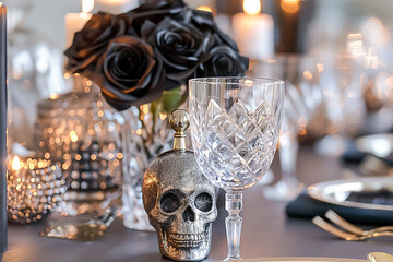 The elegantly set table features black roses and a decorative skull, illuminated by soft candlelight, creating a spooky yet classy atmosphere for a gathering