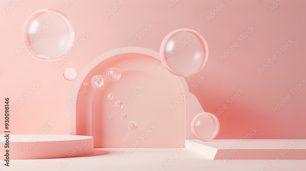 Poster a simple composition features floating bubbles against a light pink backdrop, evoking a playful and 
