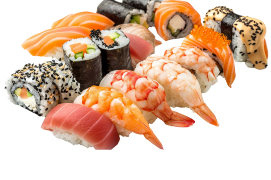 Assorted sushi varieties including rolls, nigiri, and sashimi, isolated on a white background, highlighting different types of sushi