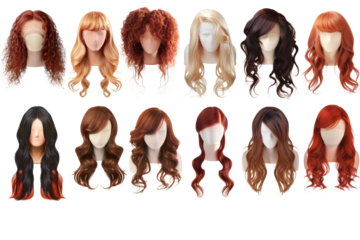 Assortment of stylish wigs with trendy designs, each isolated on a white background, emphasizing fashionable styles and elegant features
