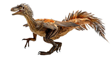 Fototapeta premium Austroraptor model in a dynamic pose, isolated on a white background, capturing its feathered appearance, agile body, and characteristic features