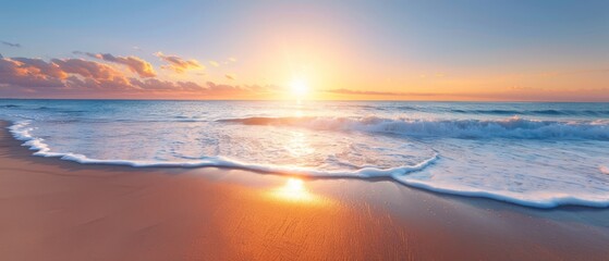  The sun sets over the ocean, a wave advances toward the shore, and a beach lies in the foreground