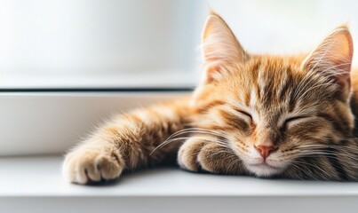 A cute orange cat peacefully sleeping on a windowsill, basking in soft sunlight, showcasing warmth and tranquility.