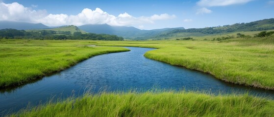  A stream runs through a lush green field, its backdrop a mountain range