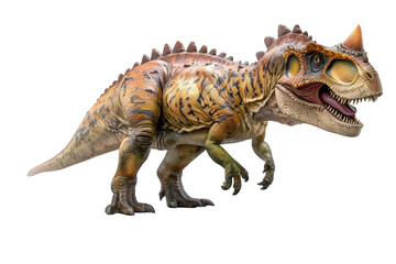Obraz premium Carnotaurus model in a dynamic pose, isolated on a white background, capturing its powerful build, horn structure, and characteristic skin pattern