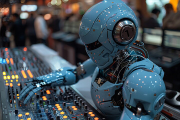 Fototapeta premium Stylish Generative AI photo, music fest dj deejay working at night club event rave stereo