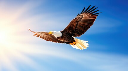 Obraz premium A majestic eagle soars through the clear blue sky, showcasing its powerful wings and stunning feathers illuminated by sunlight.