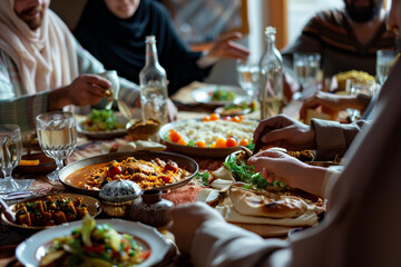 Unrecognizable Muslim People Having Festive Dinner