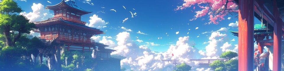 Fototapeta premium Enchanting Japanese Fantasy Landscape: Anime-Inspired Digital Art for Tourism and Storytelling. Mesmerizing Blend of Traditional Architecture and Magical Elements. Perfect for UI Design, Web Marketing