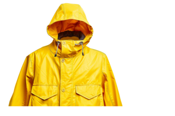 A bright yellow raincoat isolated on a white background, showcasing its waterproof design