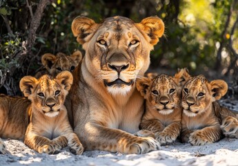 Obraz premium A lioness and her cubs lying together in the shade, sharing a peaceful moment in the heat of the day