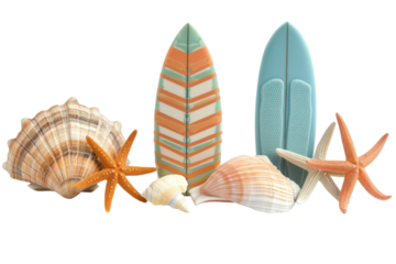 A collection of summer items including surfboards, seashells, and starfish, isolated on a white background for a lonely beach vacation