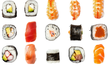 A collection of different sushi types such as rolls, nigiri, and sashimi, displayed separately on a clean white background for an appetizing presentation