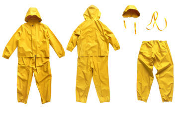 A complete raincoat set including jacket and matching pants, isolated on a white background