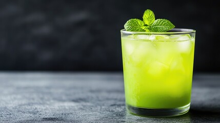 A refreshing green beverage garnished with mint, served in a glass with ice on a dark background, perfect for summer.