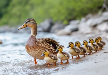 Fototapeta premium A line of ducklings following their mother, creating a sense of unity and guidance