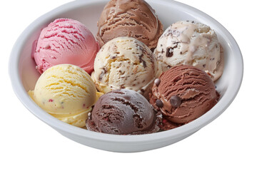 A selection of flavored ice creams in a white bowl, isolated on a white background, displaying different colors and flavors of ice cream
