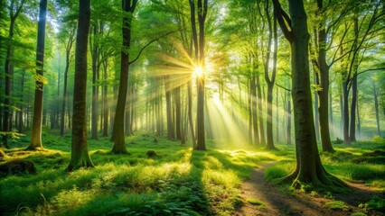 Obraz premium A stunning photo of a lush summer forest with sunlight filtering through the trees creating a magical atmosphere, summer, forest