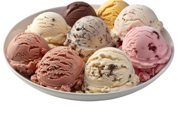 A variety of flavored ice creams presented in a white bowl, isolated against a clean white background, highlighting different ice cream colors and textures
