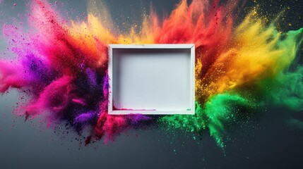 White Frame with Explosion of Color, Dynamic Artwork Featuring a Burst of Colorful Powder.