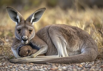 A kangaroo with her joey snugly resting in her pouch, capturing a moment of quiet connection