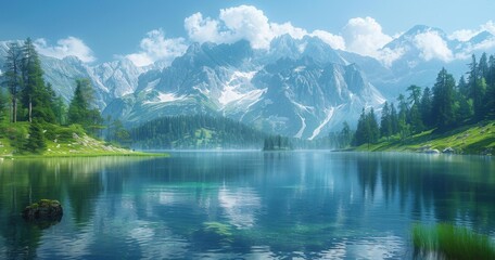 Fototapeta premium Serene Mountain Lakeside Scenery