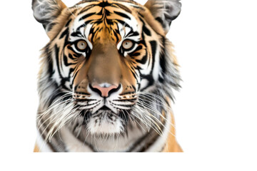 Fototapeta premium Asian Bengal tiger's face in a detailed close-up, looking straight at the camera, isolated on a white background, capturing its fierce expression and elegant markings