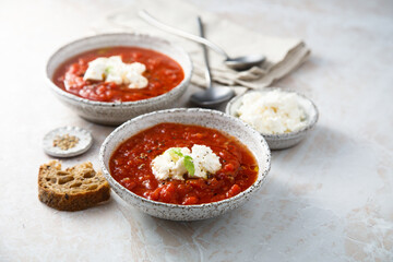 Refreshing strawberry gazpacho with cheese
