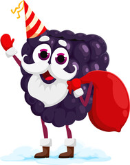 Cartoon Christmas blackberry berry character with holiday hat and Santa Claus gifts bag. Isolated vector juicy xmas Father Noel personage deliver presents to kids and spreading festive spirit and joy
