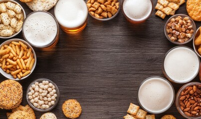 A top view of assorted snacks and drinks on a wooden table, perfect for parties or gatherings.