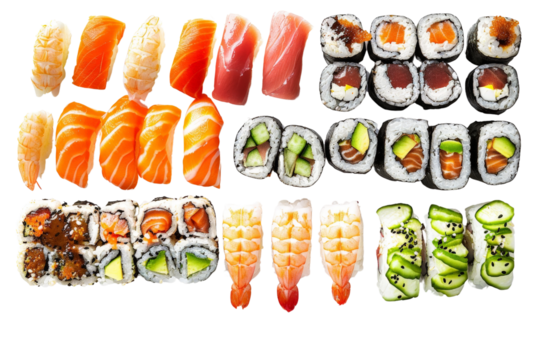 Assorted sushi varieties including rolls, nigiri, and sashimi, isolated on a white background, highlighting different types of sushi