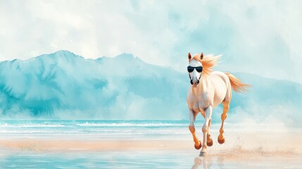 A vibrant, artistic depiction of a horse wearing sunglasses, running joyfully along a beach with a scenic backdrop.