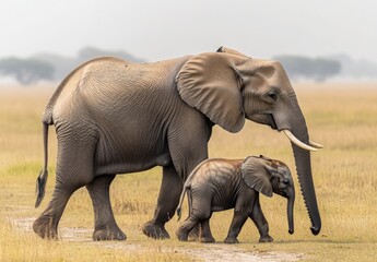 Obraz premium A mother elephant walking side by side with her calf across the African plains
