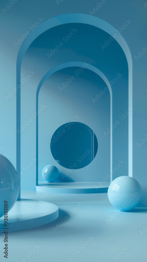 Poster A tranquil space features rounded blue arches and glossy spheres, creating a minimalist ambiance filled with soft light