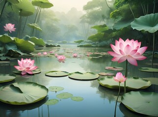 A calm lotus pond with delicate pink lotus flowers floating on still water, surrounded by lush greenery for inner peace or spiritual wellness products. Made with generative AI technology