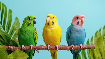 A vibrant trio of colorful budgerigars perched on a branch, surrounded by lush green leaves against a cheerful blue background.