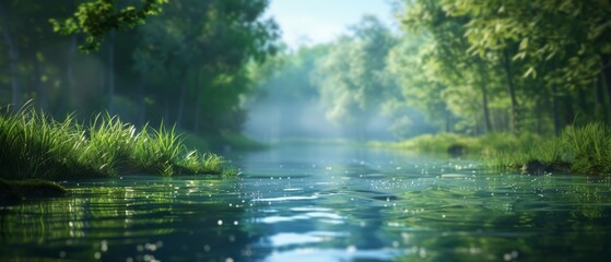 Obraz premium A river winds through a verdant forest, surrounded by abundant green grass and trees on either bank